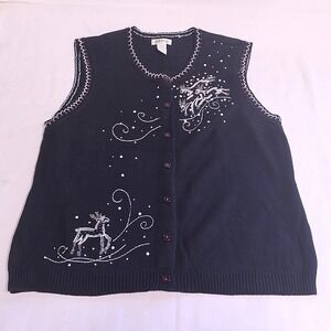 Orvis Sweater Vest Womens XL Black Reindeer Embroidered Sequin Holiday Grandma